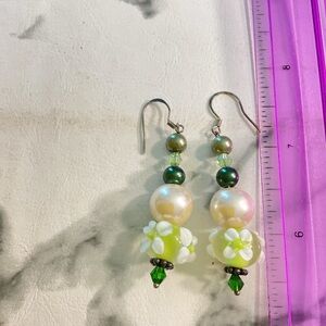 Handcrafted Green Floral Pearl Drop Earrings